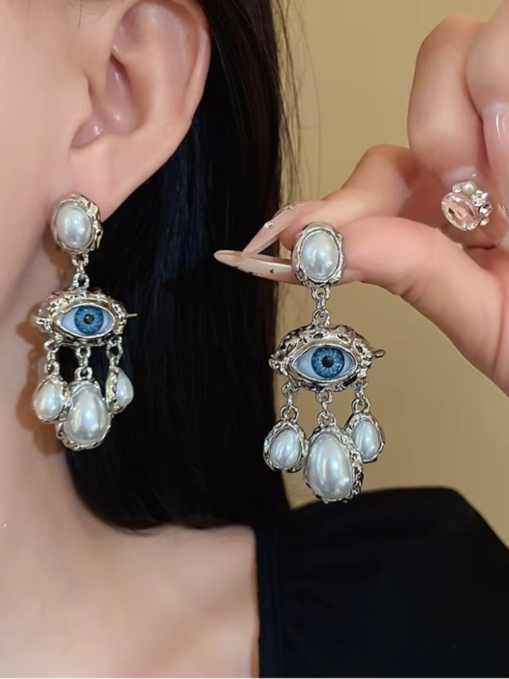 Silver Pearl Blue Eye Drop Earrings - Women Jewelry